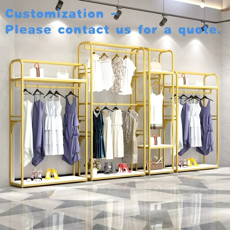 personalizzato. Espositore per vestiti da pavimento in acciaio per decorazioni per abiti da uomo e da donna con armadietto per borse per scarpe, bancone del negozio Fr