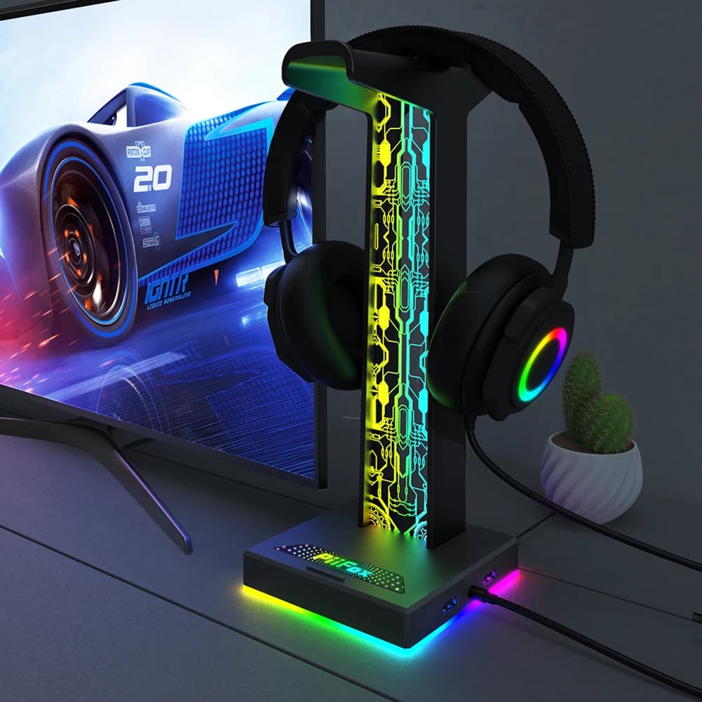 Supporto per cuffie da gioco RGB 10 effetti di illuminazione doppia porta USB porta Audio da 3.5mm supporto per cuffie da gioco Desktop per PC Gamer
