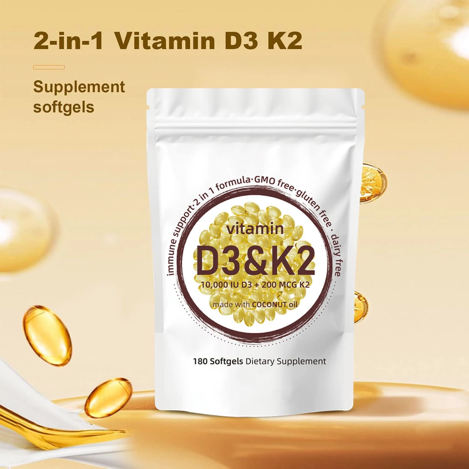 180 Vitamin D3 K2 Capsules in Softgel, 10000 UI Vitamin D3 Supplement + 200 MCG Vitamin K2 to Support Calcium Absorption