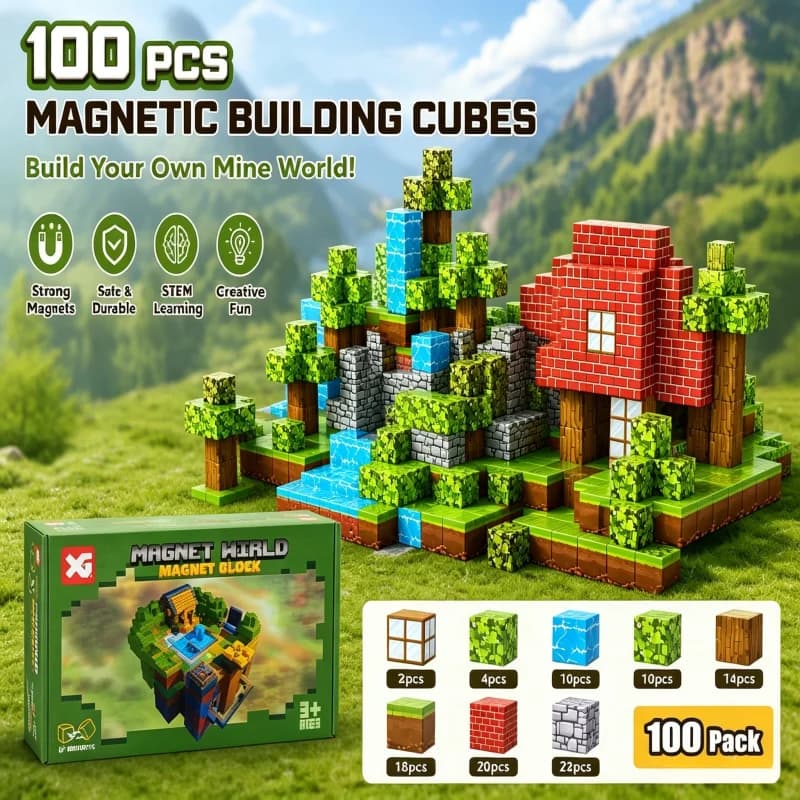 Set di 100 Blocchi Magnetici da Costruzione per Bambini, Cubi Magnetici Mine World, Gioco Educativo STEM, Piastrelle Magnetiche da Costruzione