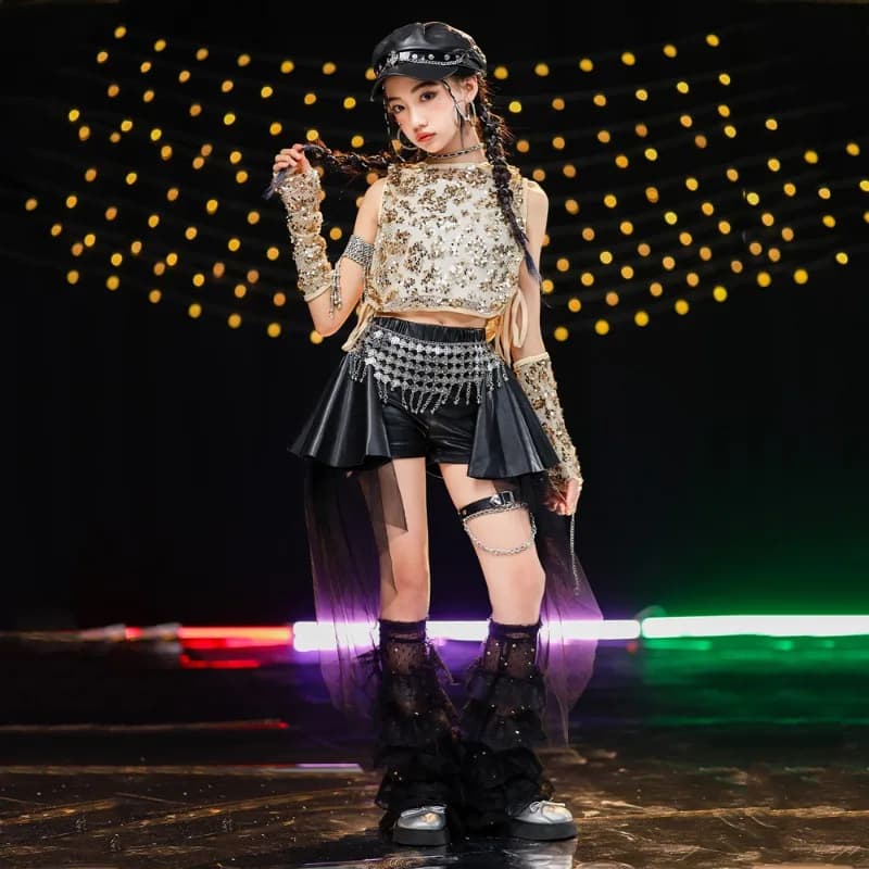 Set di costumi da ballo Kpop per ragazze Felpa con cappuccio in rete con paillettes dorate Canotta corta Minigonna a pieghe in pelle nera Vestito da performance Hip Hop
