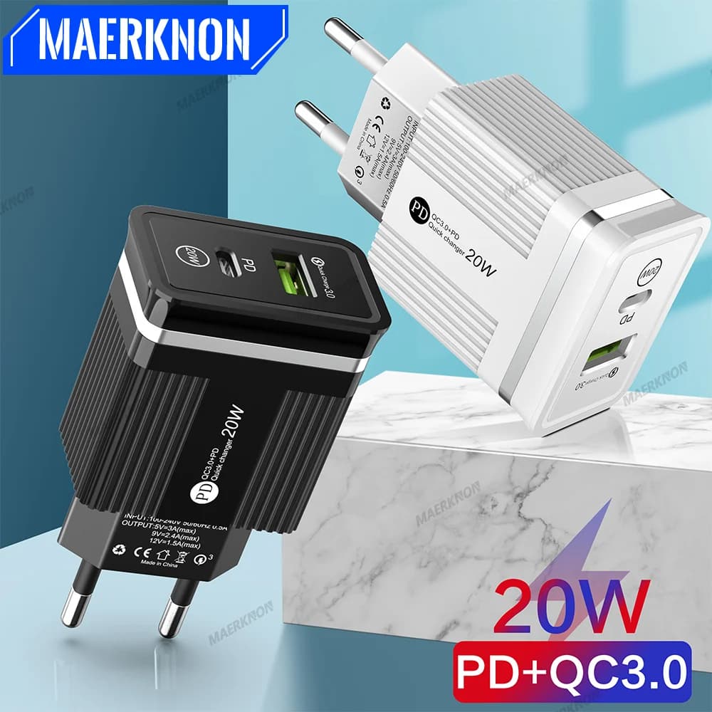 Maerknon 20W PD Charger Quick Charge 3.0 adattatore per caricabatterie da parete per telefono veloce per iPhone14 13 12 11 Pro Xiaomi Huawei Samsung S21 S22