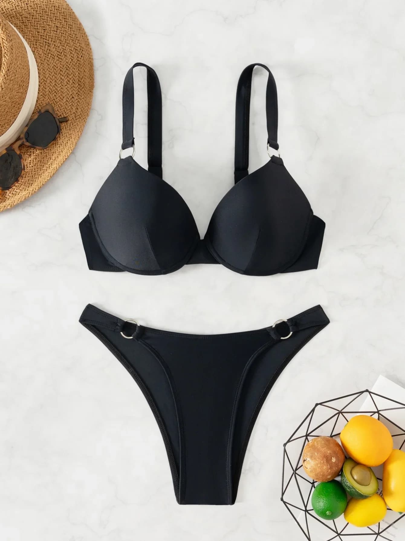 Costume da bagno sexy bikini push up nero con anelli in metallo costume da bagno due pezzi da donna costume da bagno estivo da spiaggia 2025 nuovo