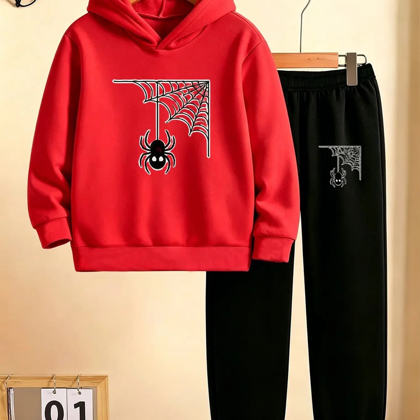 Two-piece set for boys: hoodie and jogging pants, Halloween children's outfit with cute spider print, sporty and casual style.