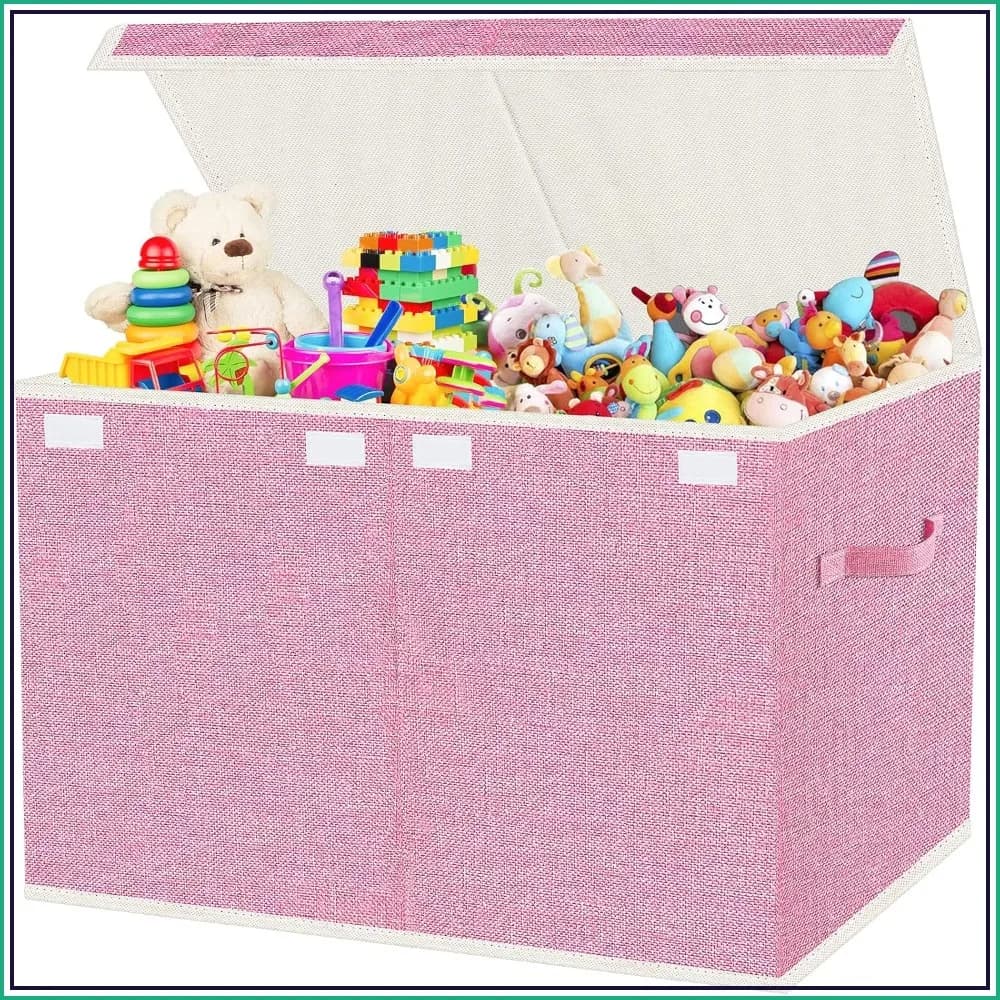 Large 82L Collapsible Toy Storage Box with Lid & Handles - Kids Organizer for Toys, Clothes, Blankets (Pink) 24.5"x13"x16"