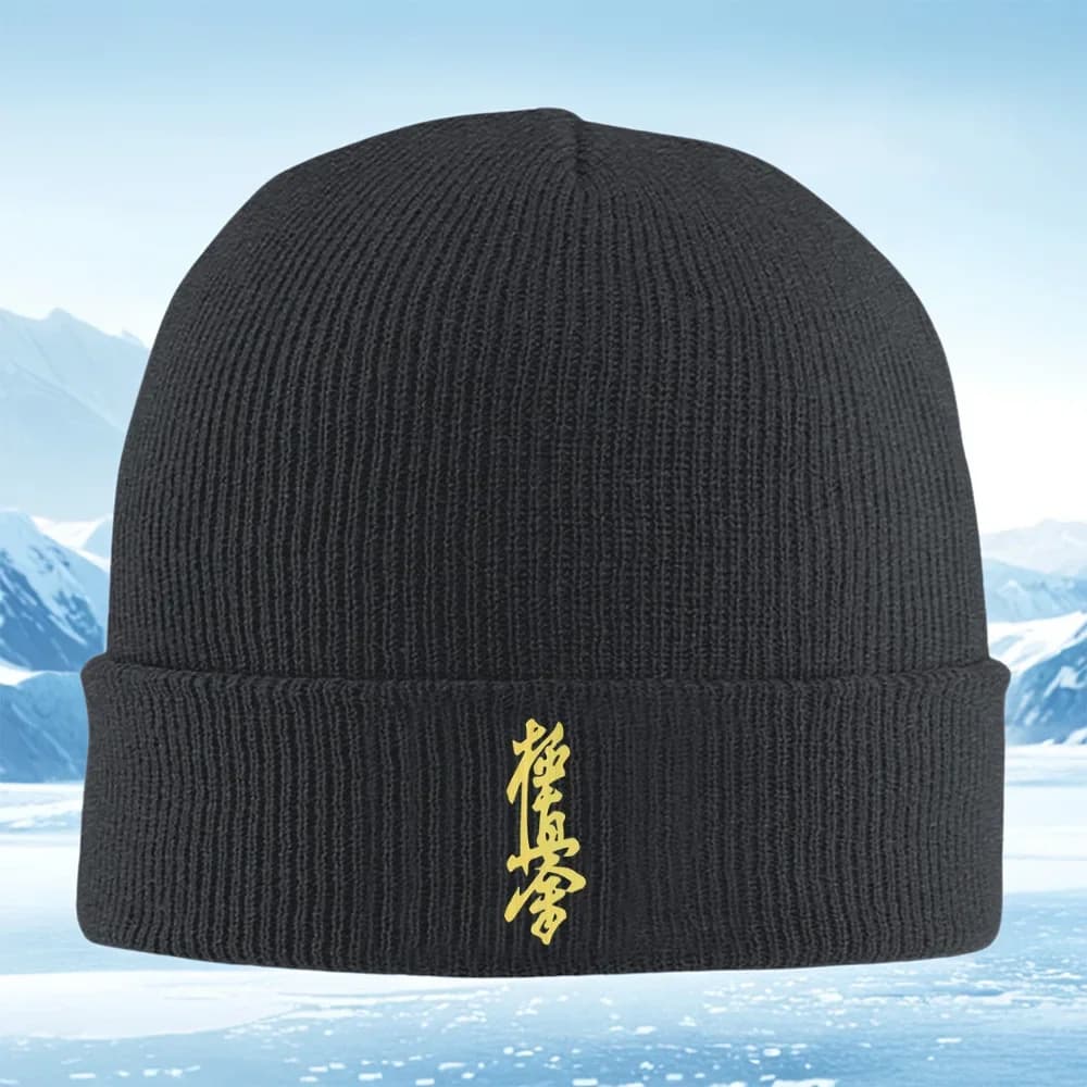 Design artistico calligrafico giapponese, simbolo dorato, uomo, donna, unisex, cappello lavorato a maglia, berretto, cappello invernale, caldo, termico, natalizio