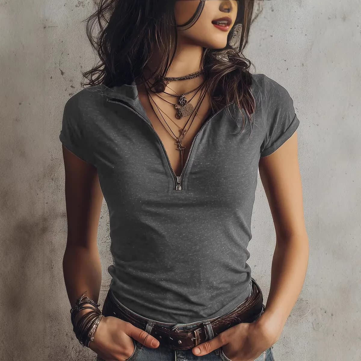 Women's Zipper Collar Short Sleeve T-Shirt Casual Style Stretchy Polyester Fiber Skin-friendly Breathable Standard Fit T-shirt