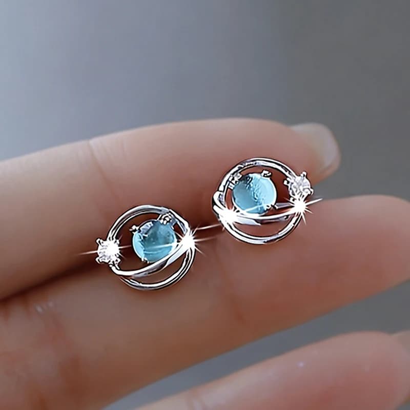 Huitan Novel Stud Earrings for Women Dainty Blue Crystal Saturn Planet Ear Studs Tiny Star Galaxy Cosmic Minimalist Jewelry Gift
