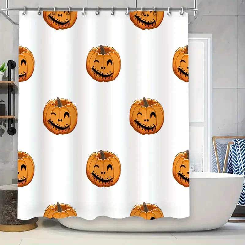 Stravagante tenda di zucca di Halloween tenda da doccia decorazione impermeabile per il bagno di casa bianco con volti sorridenti arancioni zucche P