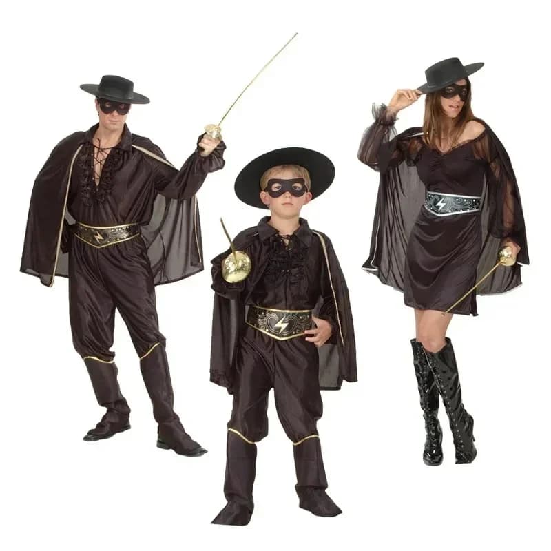 Premium Outfit Men And Women Zorro Cosplay Costume Black Hero Swordsman Clothing Cape Jacket Eye Mask Belt Trousers Hat