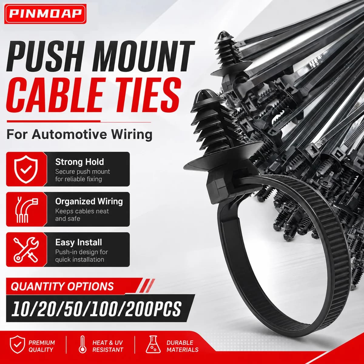 PINMOAP Nylon Cable Ties Automotive Wire Harness Fasteners Cable Ties Engine Compartment Wire Harness Fixing 10/20/50/100/200PCS