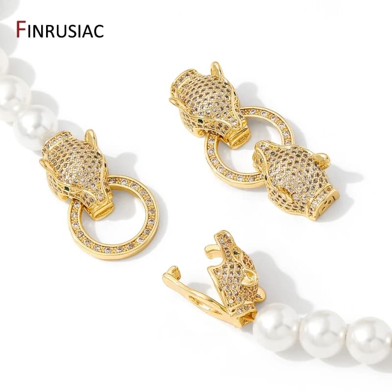 Chiusure a testa di leopardo in ottone placcato oro 18 carati con zirconi intarsiati e perle, chiusure a scatto per gioielli, forniture fai da te per la creazione di bracciali e collane