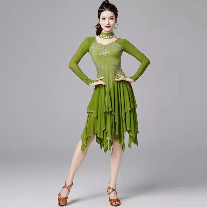 Embroidered Latin Dance One Piece Dresses Gilrs Salsa Samba Mesh Sling Dress Rhinestone Competition Beads Costume with Necklace
