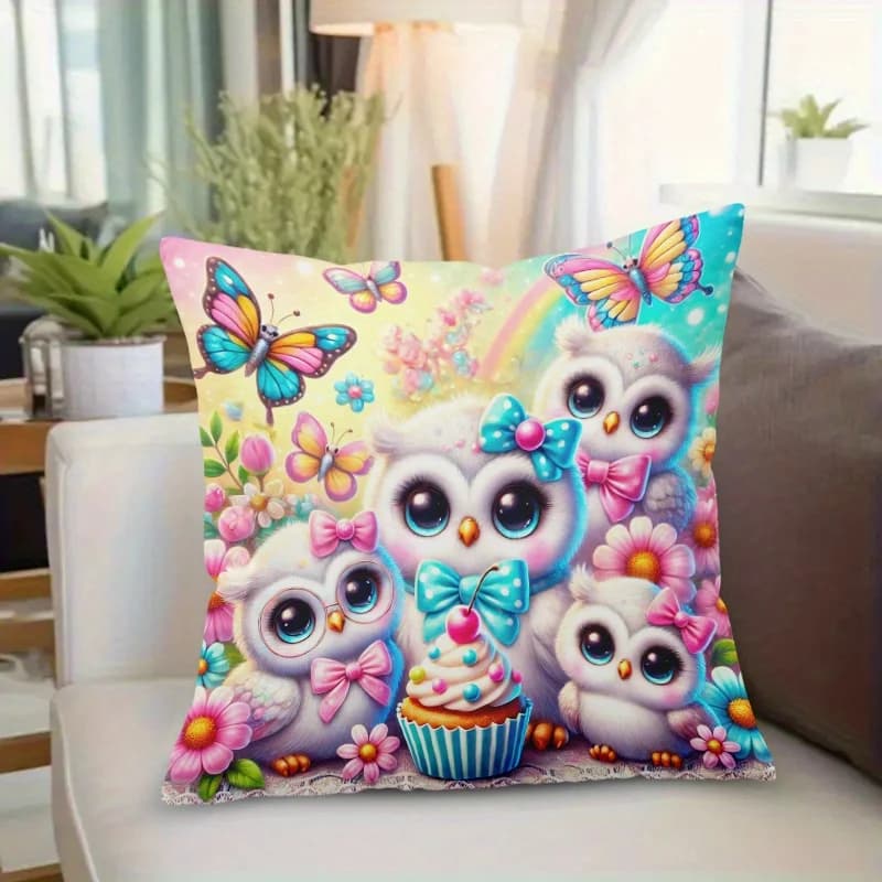 1pc 2D Flat (Pillow Not Included) Cute Owls Butterflies Cupcake Fantasy Cushion Cover ShortPlush Kids Room DecorThrow PillowCase