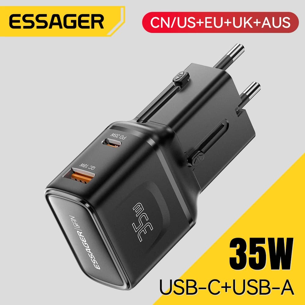 ESSAGER Caricabatterie GaN da 35 W Adattatore da viaggio globale a doppia porta con ricarica rapida multiprotocollo per caricabatterie universale per telefono portatile
