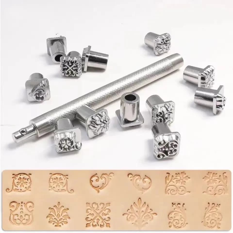 12 Zodiac Animal Plant Tangcao Pattern Leather Stamp Set for DIY Leather Carving Craft Tool Kit Gift