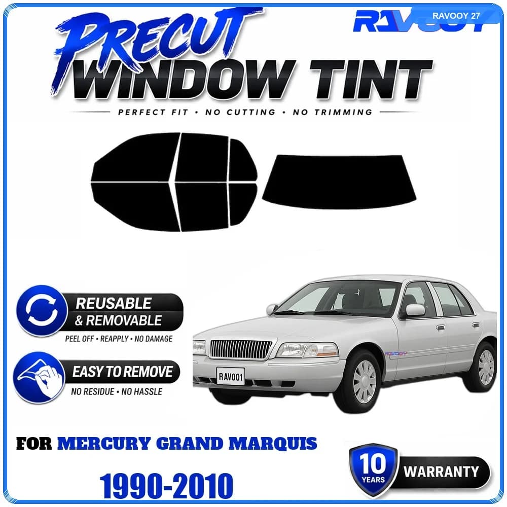 RAVOOY Precut Window Tint, Reusable Removable EPU Film, Custom Fit for Mercury Grand Marquis 1990-2010, UV Heat Protection