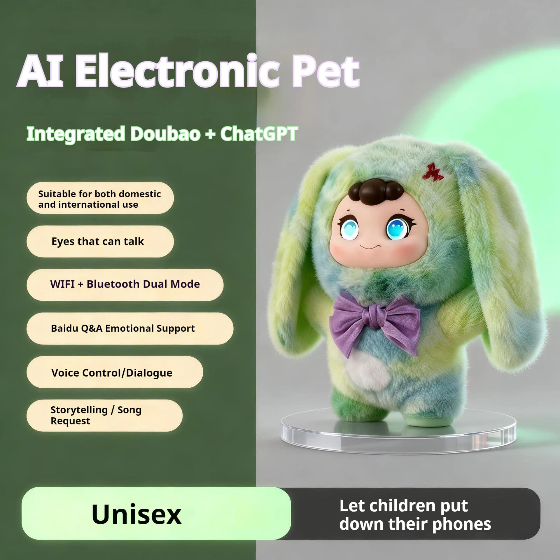Ai Electronic Pet Intelligent Voice Conversation Doll Led Eyes Emotional Companion Wifi Bluetooth Dual Mode Interactive Doll