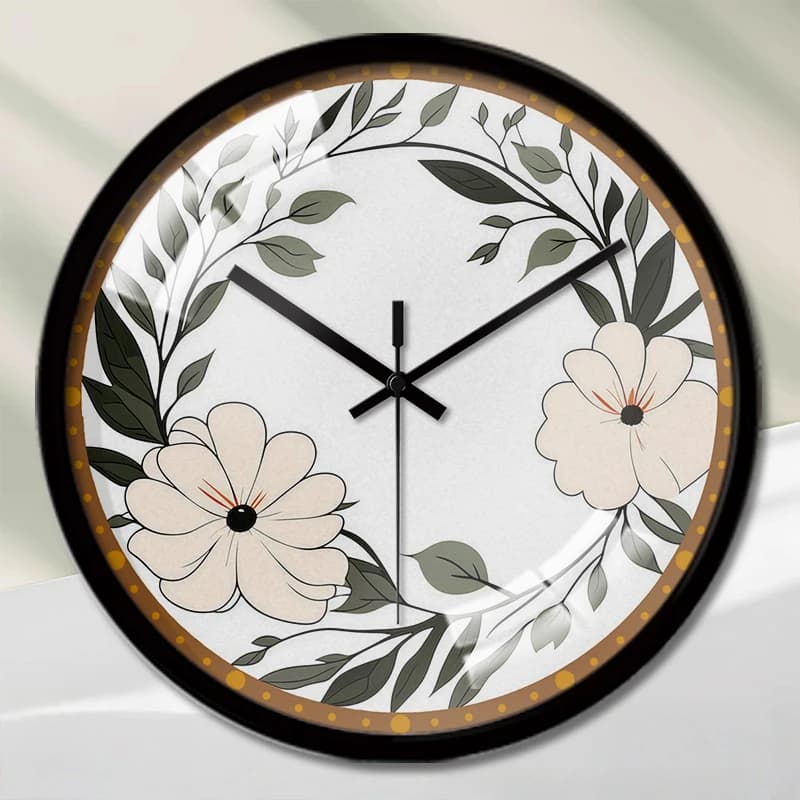 Elegant round silent suspended wall clock with floral garland, suitable for living room, school, study room, bedroom, children's gift