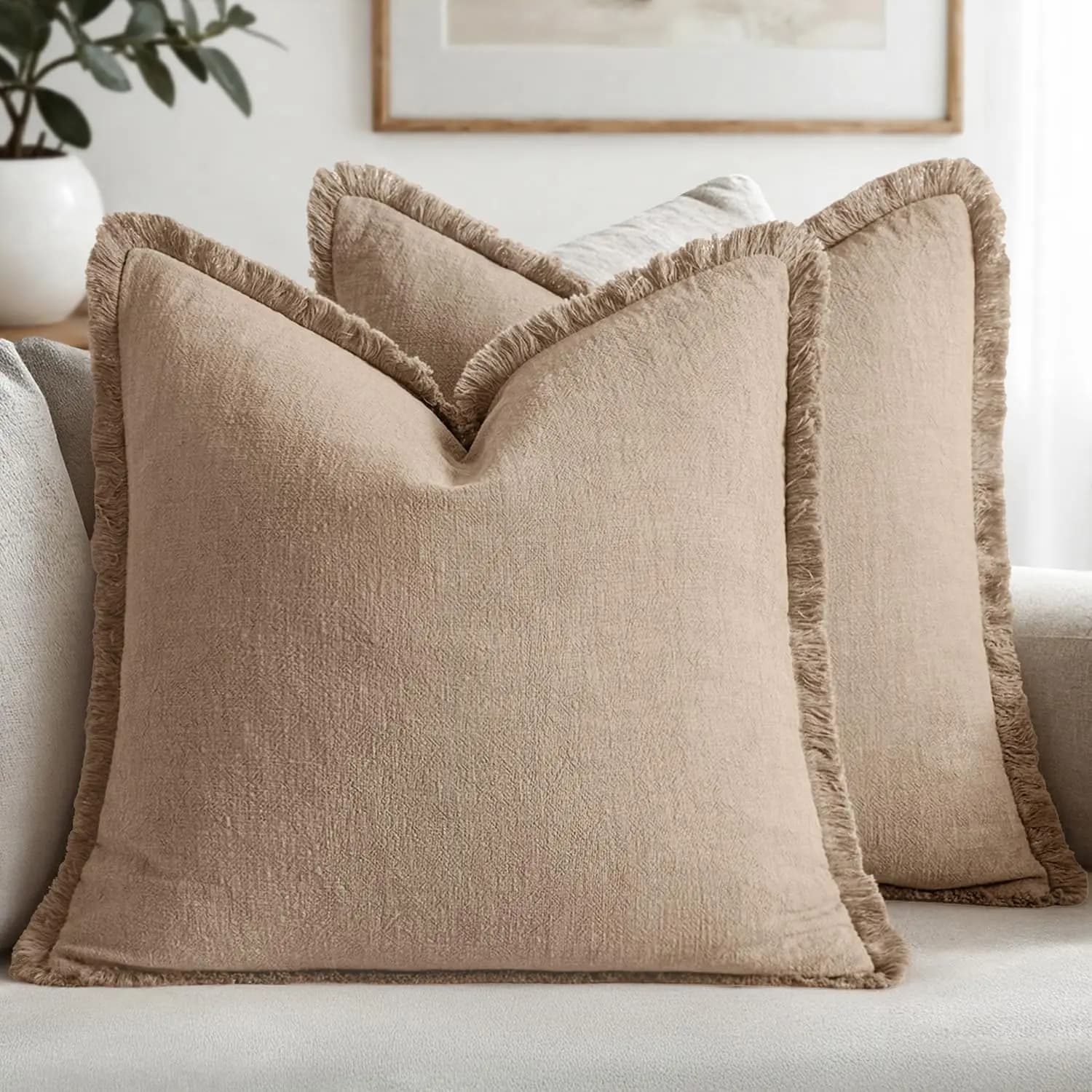 Decorative Throw Pillow Cover Neutral Linen Fringe Throw Pillows Camel Boho Farmhouse Cushion Cover with Tassels for Couch Sofa