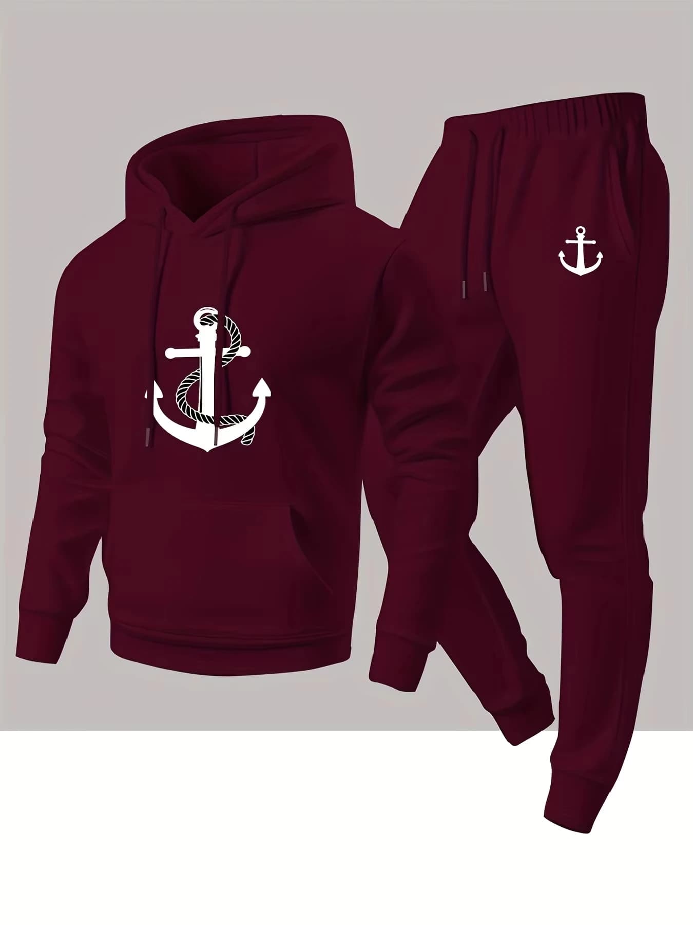Men's stylish hooded boat anchor print hoodie and pants sports outfit, casual trendy sports two-piece set