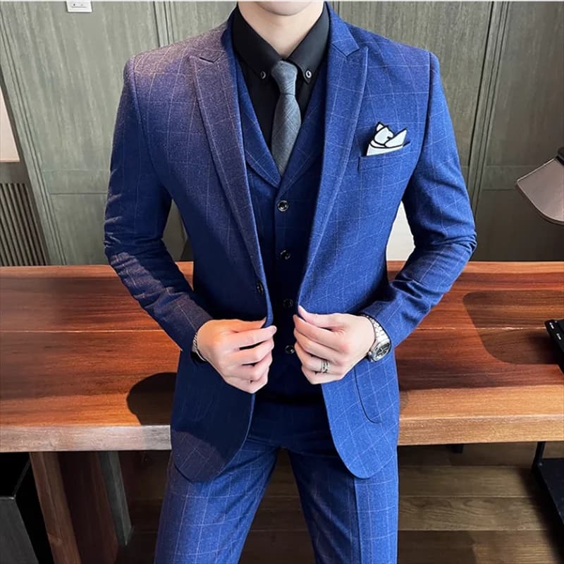 (Giacca + Pantaloni + Gilet) Abiti da uomo d'affari sociali a griglia larga slim fit Abito da ballo per matrimonio da sposo Set da 3 pezzi