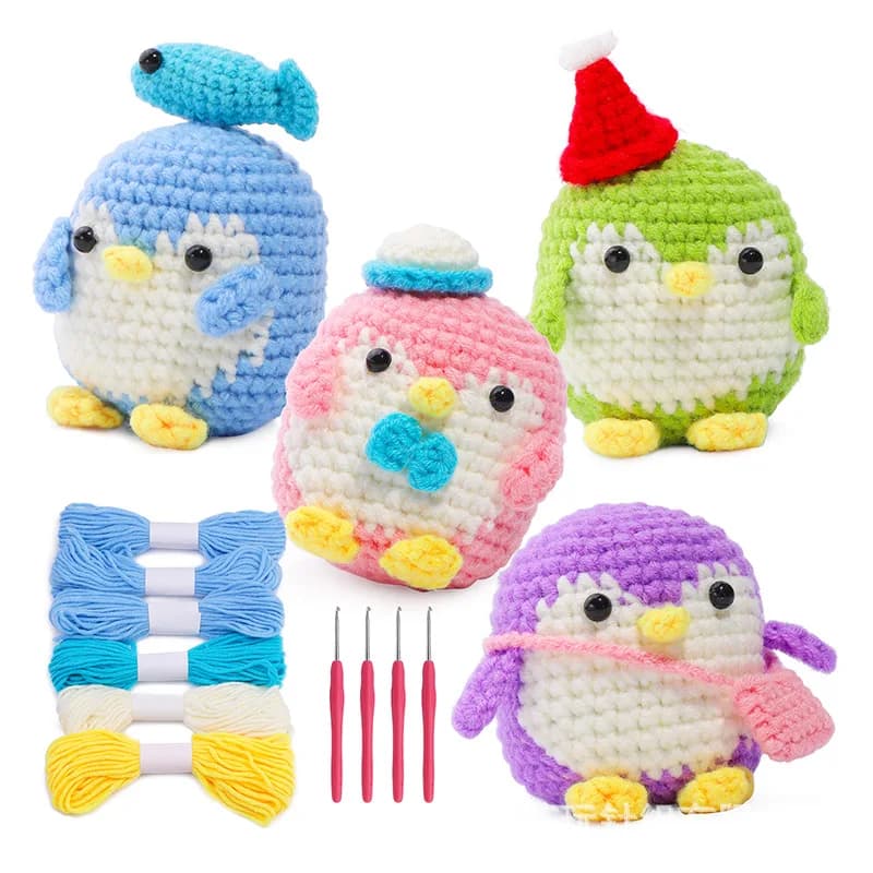 Kit all'uncinetto pinguino per principianti con tutorial video Filato per maglieria in cotone Filo Aghi Gancio Set di strumenti per maglieria Artigianato fai-da-te
