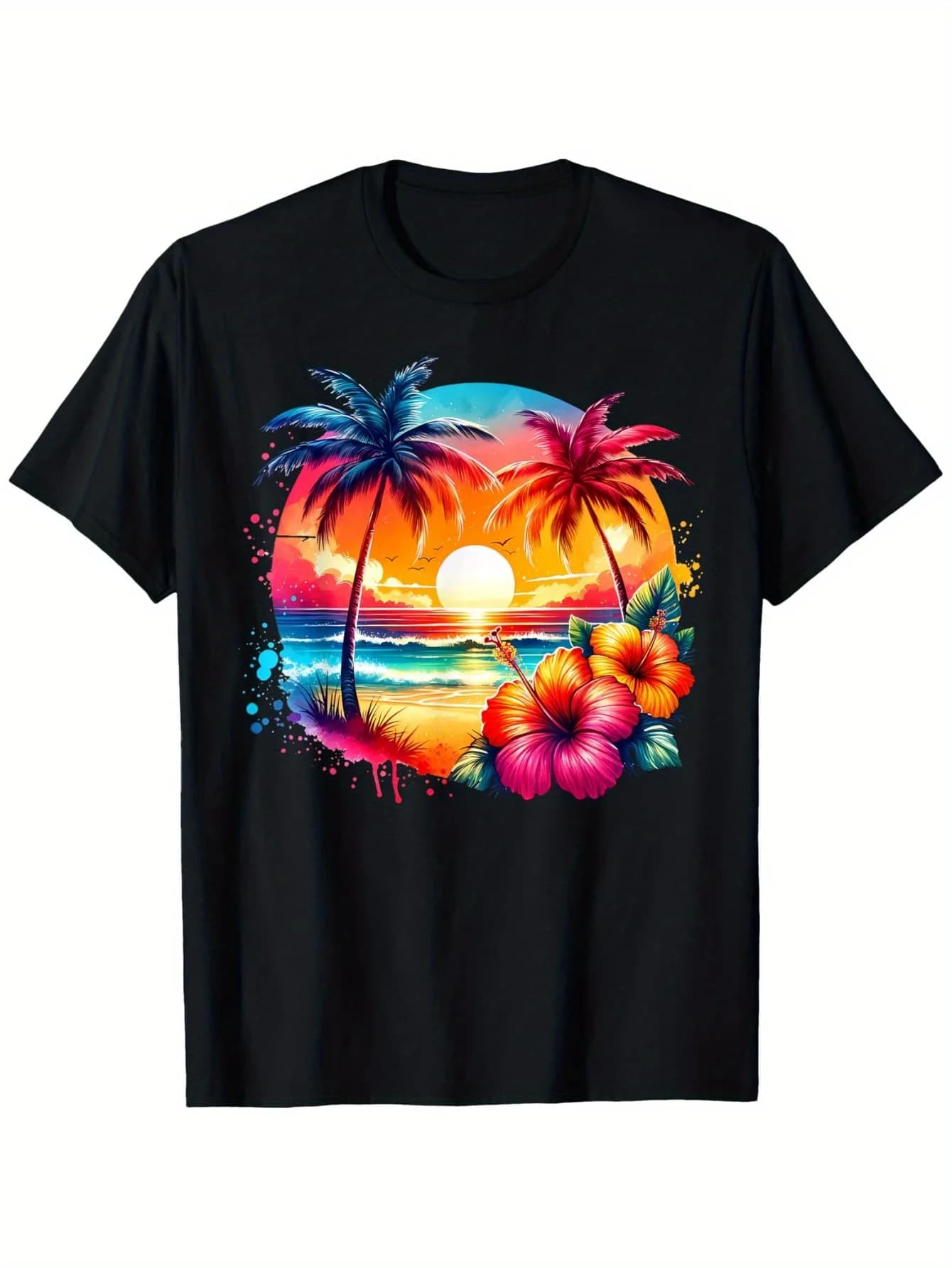 T-shirt tramonto ibisco tropicale - 100% cotone, maglietta da spiaggia estiva antirestringente S-3XL