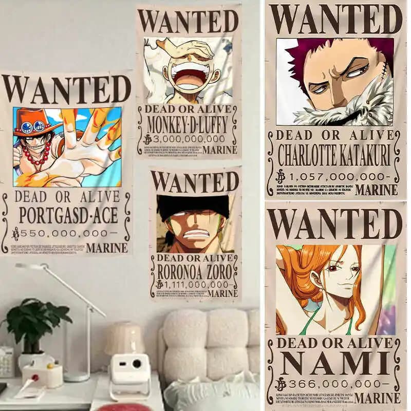 One Piece Manga Tapestry Wanted Poster Luffy Zoro Ace Four Emperors Bounty Print Wall Hanging Aesthetic Background Cloth Bedroom
