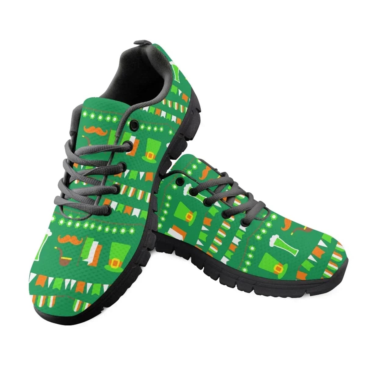Luxury Design St. Patrick's Elements Print Women Flat Shoes Irish Flag Pattern Lace-up Sneakers Breathable Casual Walking Shoes