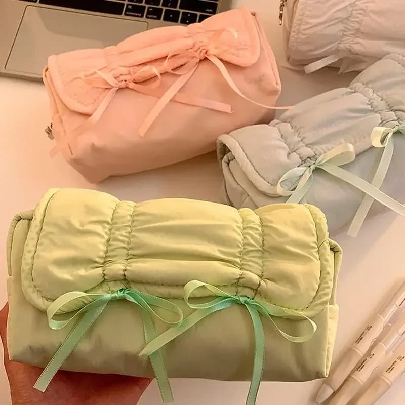 Astuccio Creativo Stile Coreano con Fiocco, Grande Capacità, Multistrato, con Coulisse, per Cancelleria e Articoli da Ufficio
