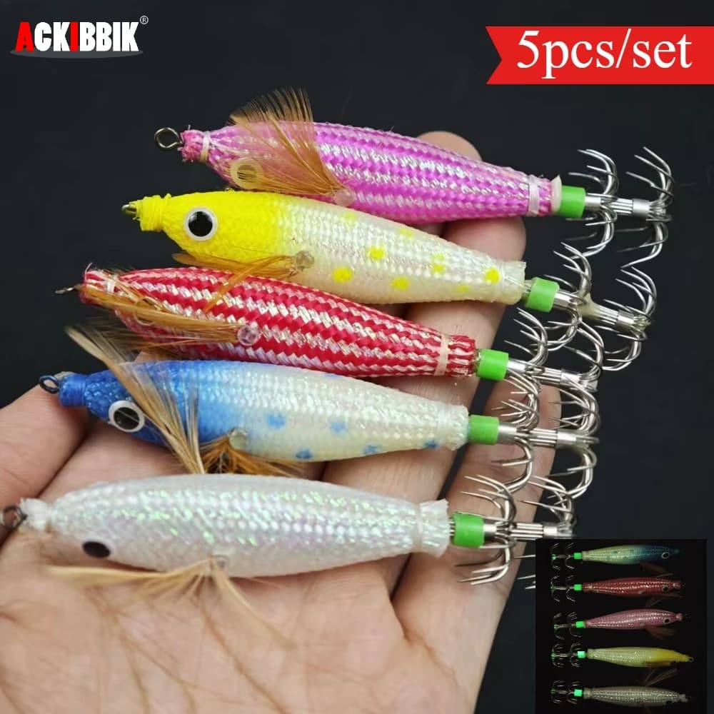 Ackibbik Set di 5 Esche Luminose Orizzontali Egi da 8cm, Esche Artificiali a Forma di Gambero e Calamaro per Pesca in Acqua Salata, Jig per Seppie e Calamari