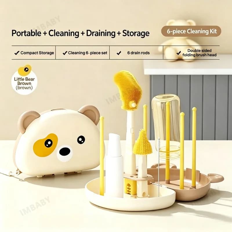IMBABY Portable Baby Bottle Brush Set, 6-in-1 Silicone Cleaning Kit with Draining rack, Foldable Travel Storage Case for Newborn