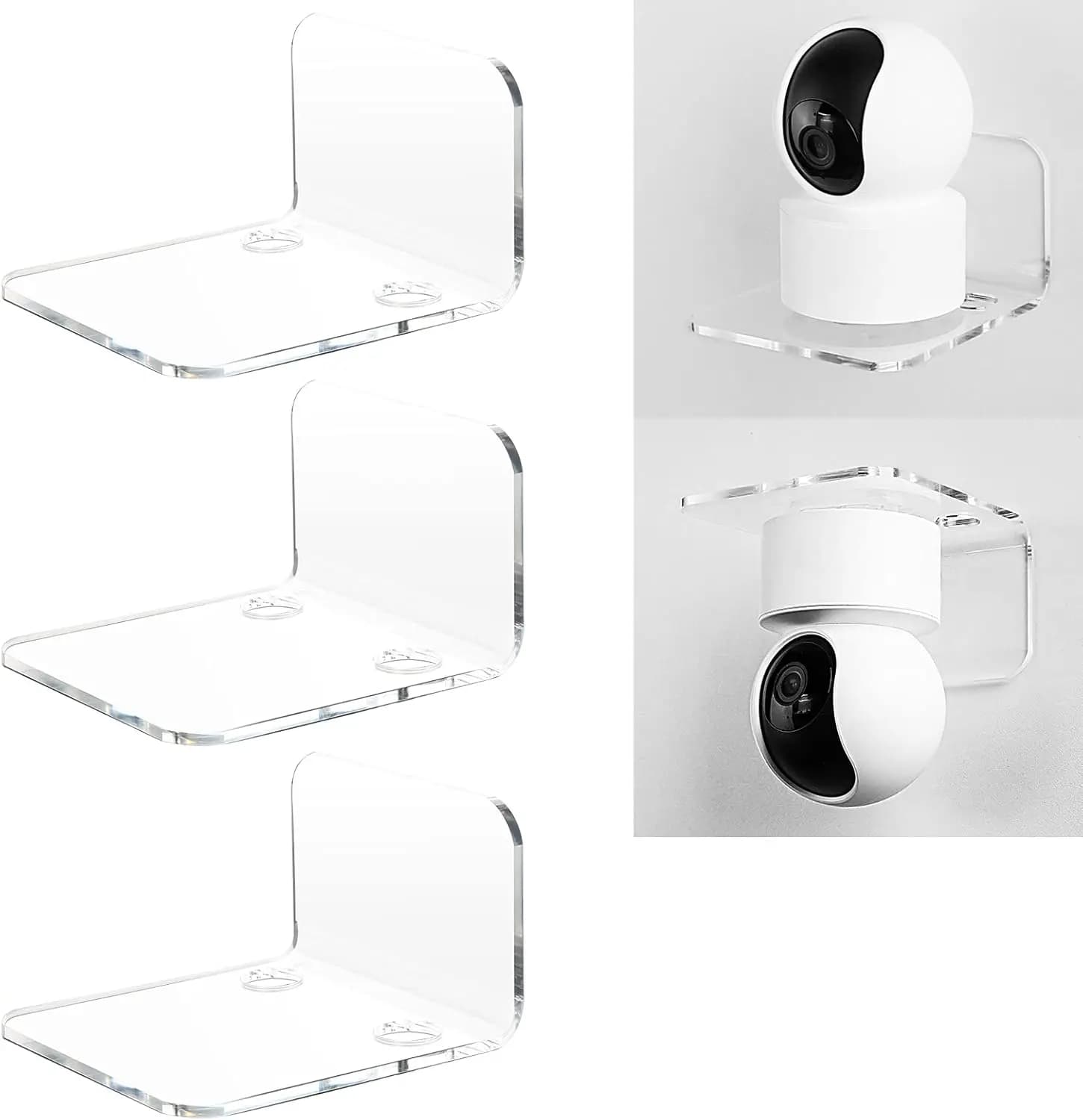 Set di 3 Mensole Galleggianti in Acrilico per Telecamere di Sicurezza, Monitor per Bambini, Altoparlanti - Mensola Universale Senza Foratura con Clip per Cavi e Nastri Adesivi Resistenti (Trasparente)