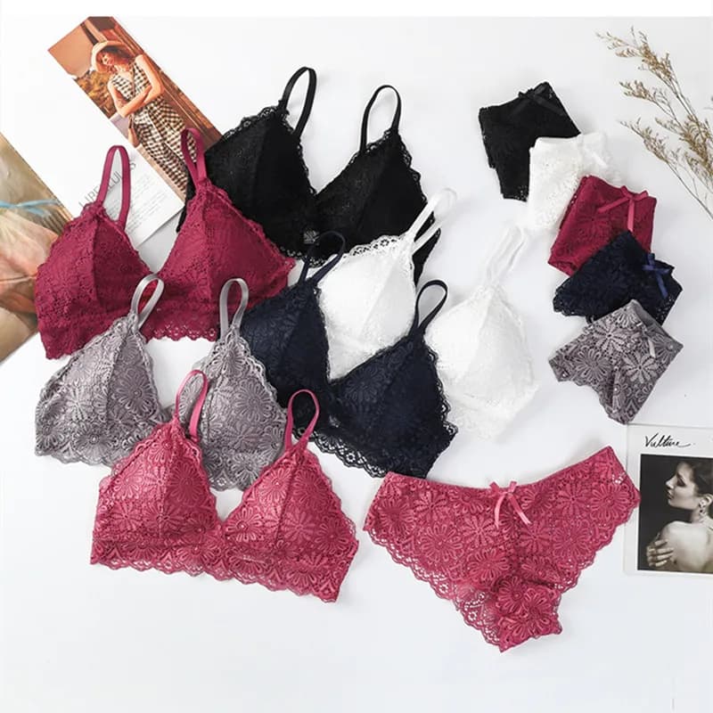 Women Floral Lace Bra And Panties Set Sexy Lingerie Wire Free Bralette Low Rise Briefs Underwear Set One Size Intimates