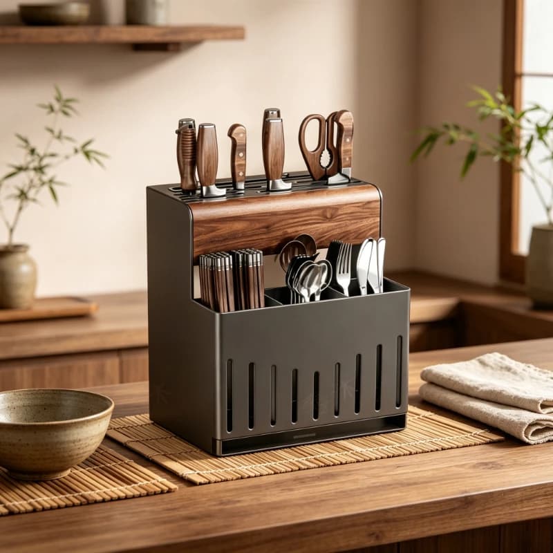 Wooden Suction Cup Cutlery Stand No Drill Hanging Storage for Knives Spoons Chopsticks Removable Easy Wash Kitchen Rack