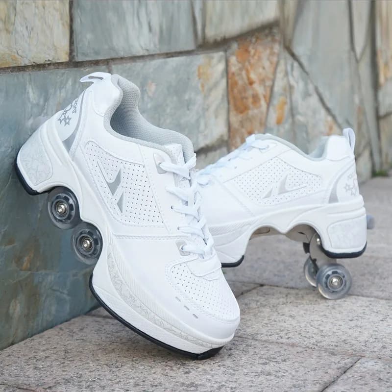 Scarpe a rotelle per bambini in pelle PU a 4 ruote Scarpe da ginnastica Parkour con deformazione casual Pattini per rotondi Scarpe sportive da corsa per adulti