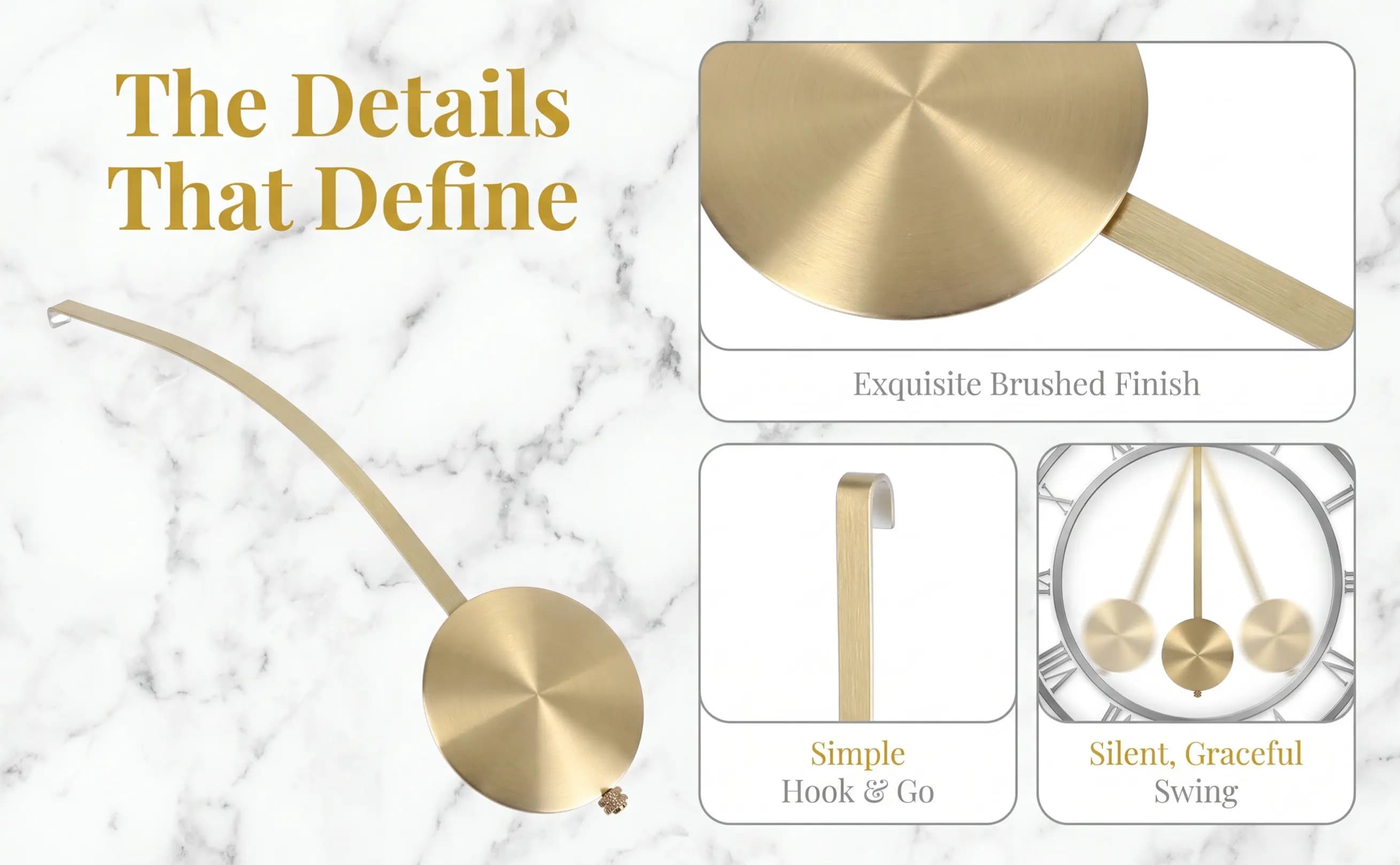 Quartz Gold Metal Clock Pendulum Replacement DIY Wall Clock Accessory Silent Operation Retro Leaf for Living Room Study Hotel