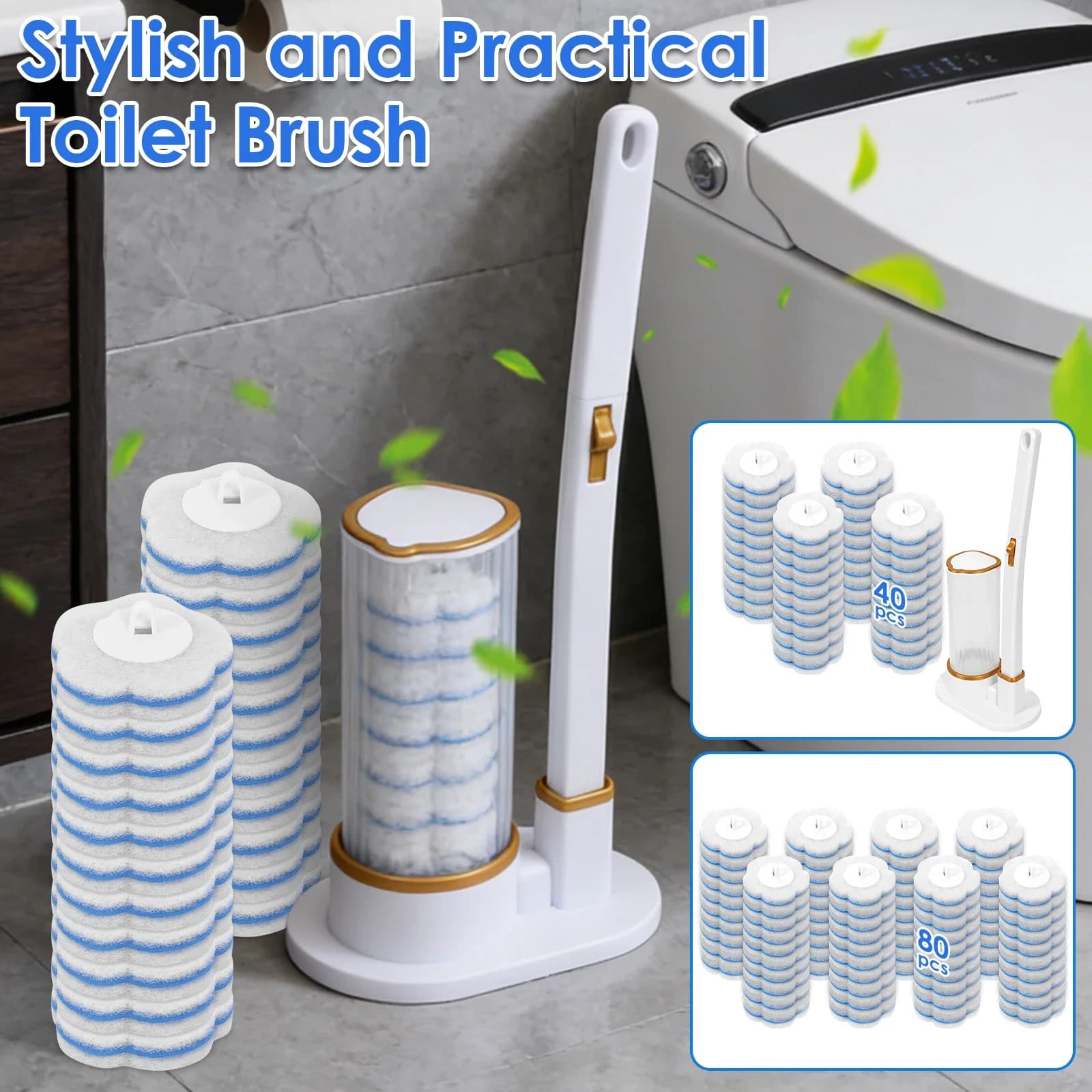 Nuovo Kit di Pulizia per WC con Spazzola e Testine di Ricambio Usa e Getta, Manico Lungo, Set per Pulizia a 360° ° Strumento per la Pulizia del Bagno per Casa e Hotel