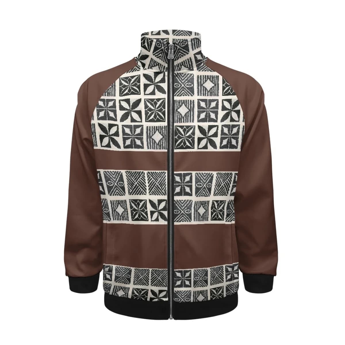 Hoodie Mens Streetwear Outer Custom Polynesian Tribal Tapa Brown Print Casual Stand Collar Raglan Zip up Sweatshirt Jacket