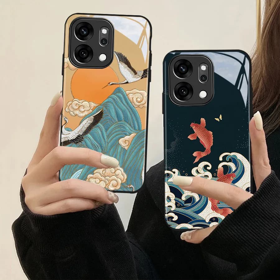 Chinese Wind Fish Case For Infinix Hot 50 40 60 10 Pro Play 40i 50i Note 30 40 50 Pro+ Smart 8 9 10 5G Tempered Glass Phone Case