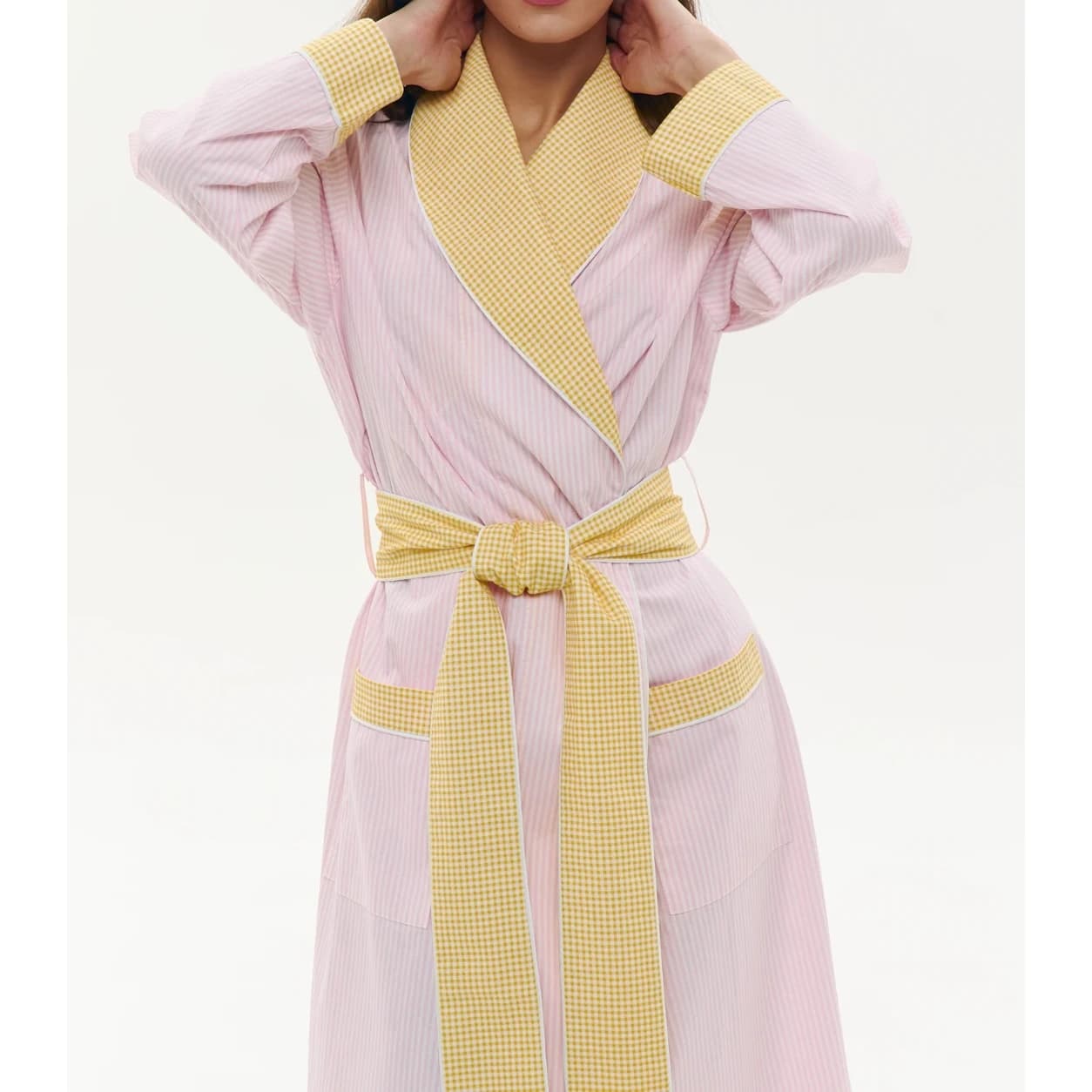 Retro Luxury Pink White Stripe Bathrobe Women Yellow Gingham Contrast Trim Shawl Collar Belted Long Spa Robe
