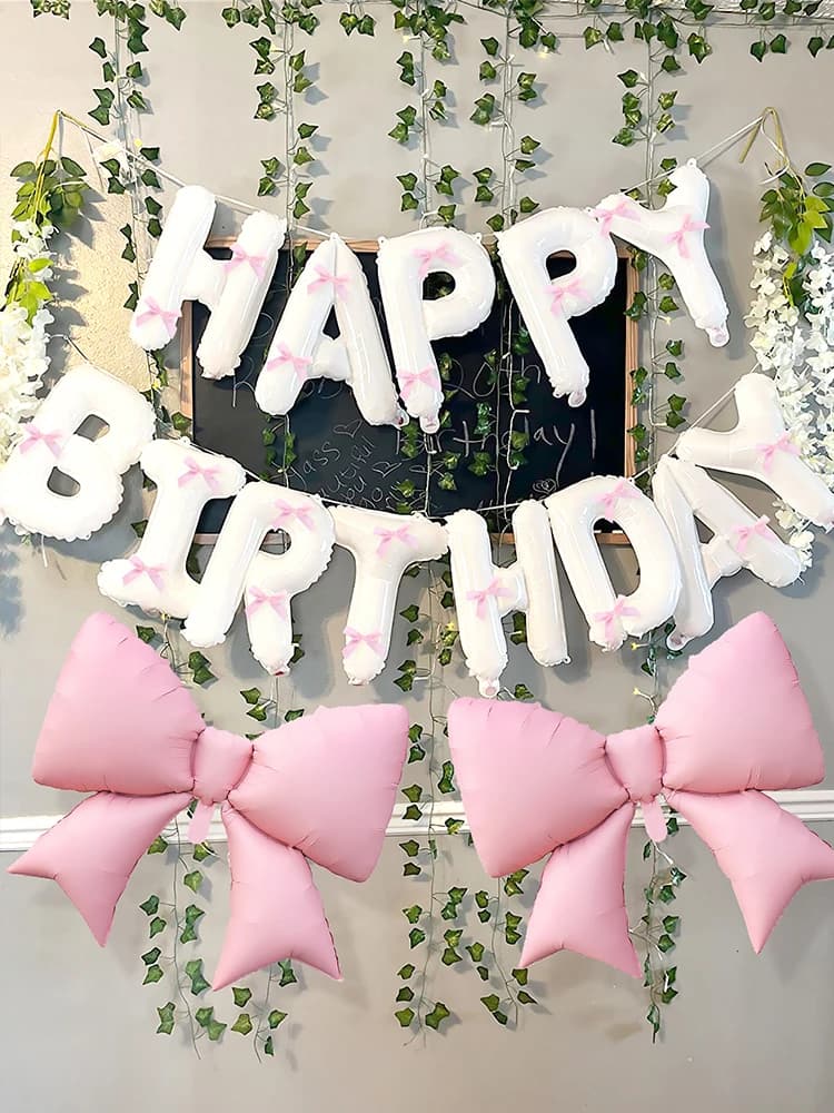 35/37 pezzi Palloncini bianchi con banner di buon compleanno e palloncini con fiocco rosa chiaro, fiocco in nastro rosa, compleanno principessa