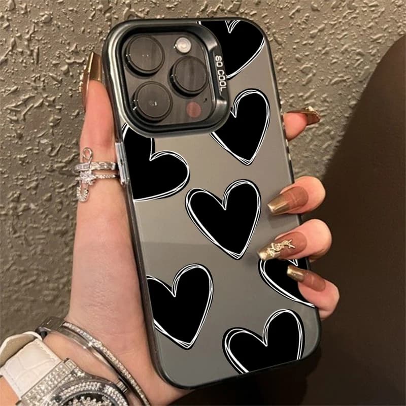 Luxury Love Heart Electroplate Silver IMD Case For iPhone 15 14 16 17 Pro Max Plus 11 12 13 Pro 7 8 Plus X XR Shockproof Cover