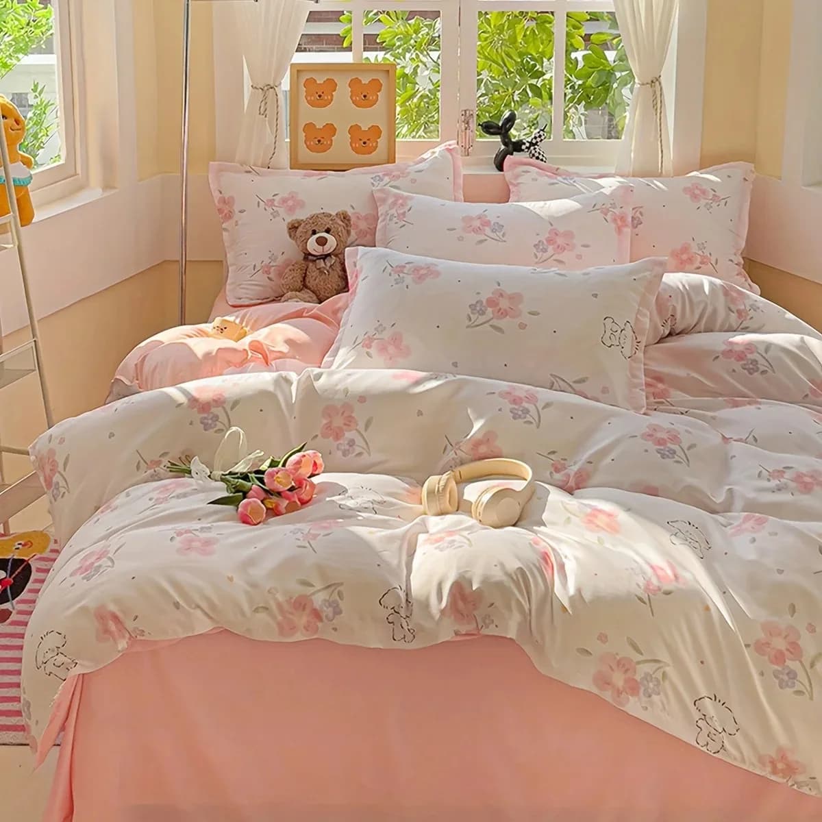 4Pcs Soft Plain Floral Plant Printed Quilt Cover Set Includes 1 Duvet Cover 2 Pillowcases 1 Flat Sheet No Core Zipper Closure Be