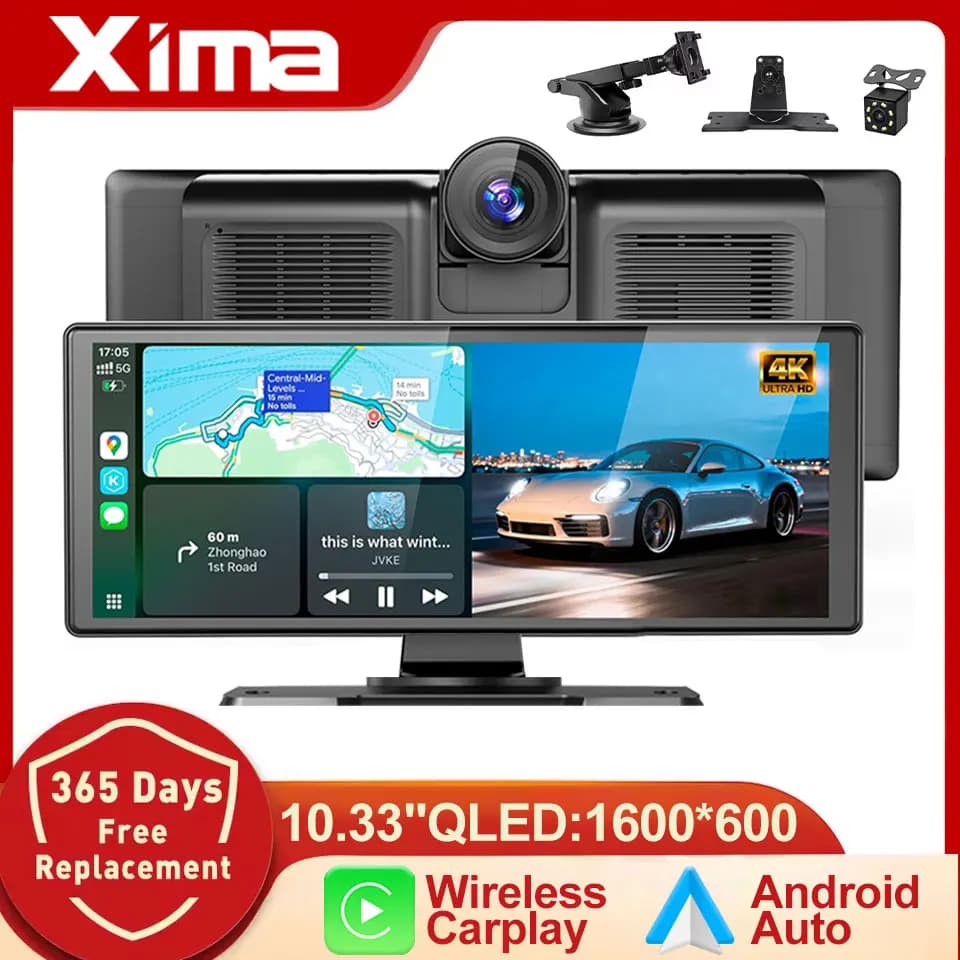 XIMA Dashcam 10.33 Pollici 4K DVR Wireless con CarPlay e Android Auto, Audio Bluetooth, Navigazione GPS, Registratore Video a Doppia Lente per Cruscotto