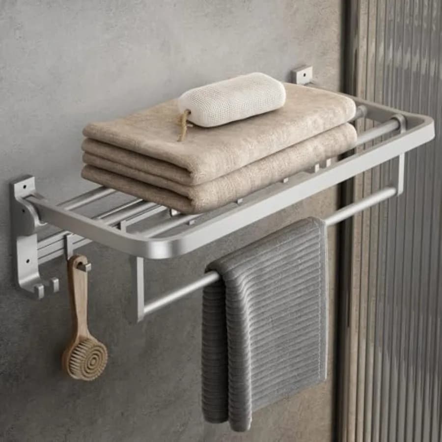 Portasciugamani da Parete per Bagno con Barra Portasciugamani e Ganci, Mensola Pieghevole da 23,6 Pollici, Organizzatore per Asciugamani da Lavabo