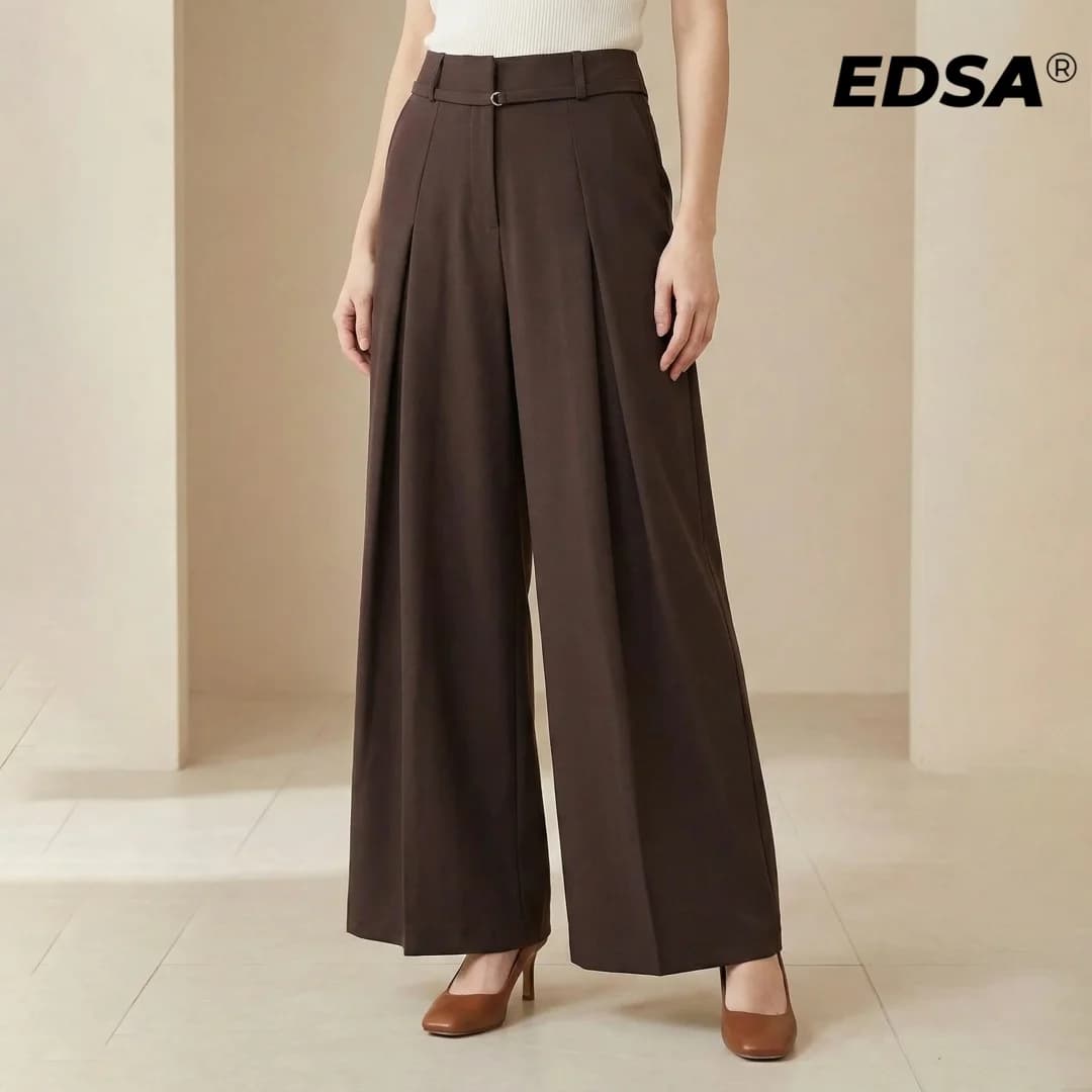 EDSA Wide Leg Women's Wide Pants with Slim Belt Long Pants All Matched in Solid Color High Waist
