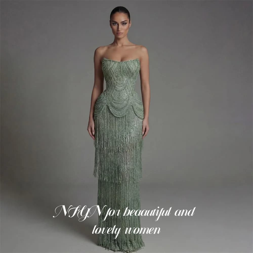 NFYN Sage Green Formal Gown Scoop Neck Prom Dresses Beaded Bodice Evening Dresses with Tassel Modern Style Slim Fit Customized