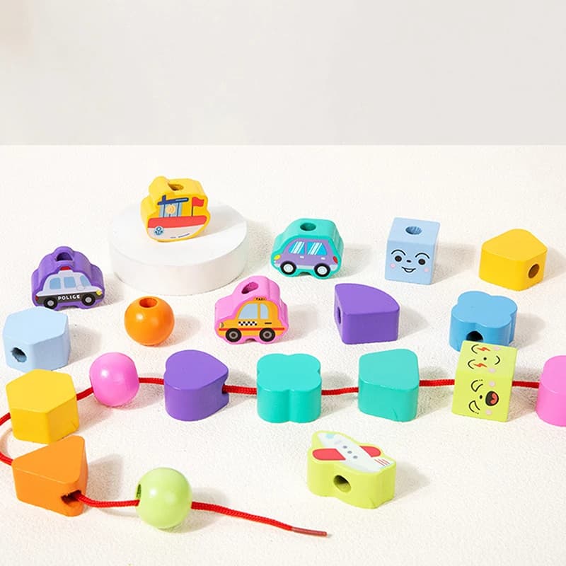 Kit Montessori in legno con perline: Gioco per lo sviluppo della motricità fine per bambini 2-5 anni, blocchi impilabili, perline da infilare, gioco educativo da viaggio